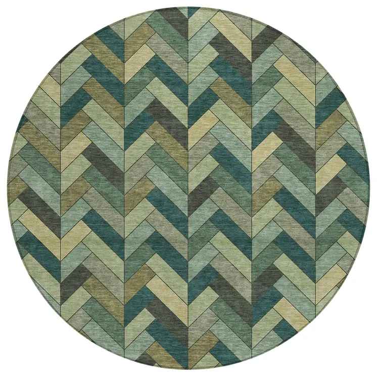 8' Green And Gray Round Geometric Washable Indoor Outdoor Area Rug