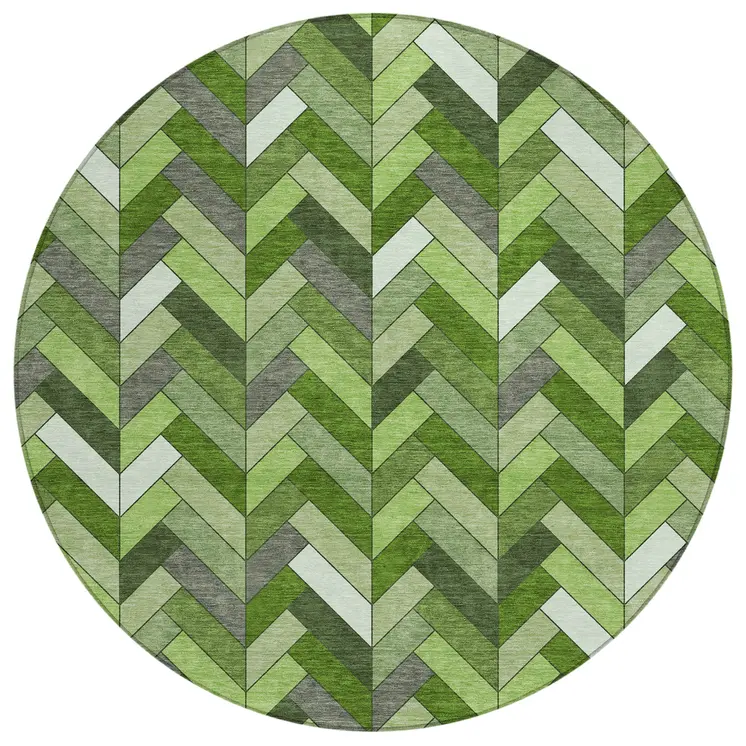8' Olive Green And Ivory Round Geometric Washable Indoor Outdoor Area Rug