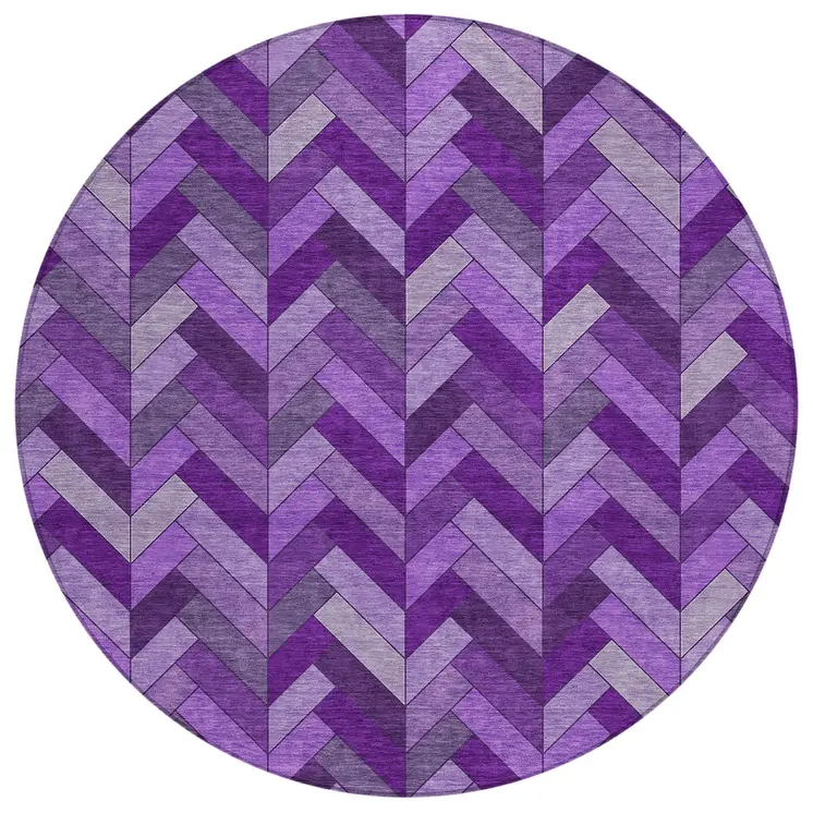 8' Purple And Ivory Round Geometric Washable Indoor Outdoor Area Rug