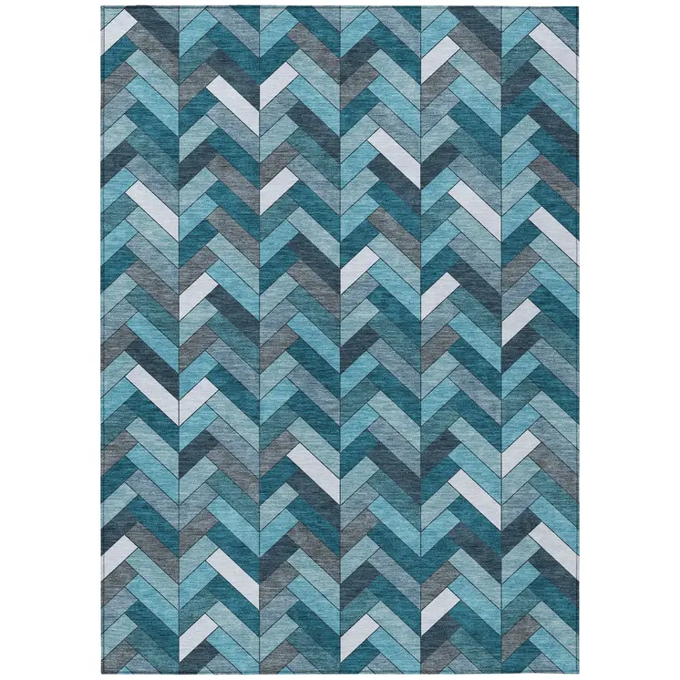 8' X 10' Teal Blue And Ivory Geometric Washable Indoor Outdoor Area Rug