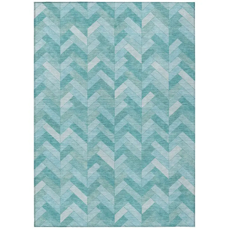 5' X 8' Aqua And Ivory Geometric Washable Indoor Outdoor Area Rug