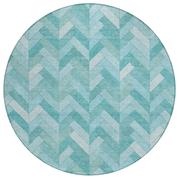 8' Aqua And Ivory Round Geometric Washable Indoor Outdoor Area Rug