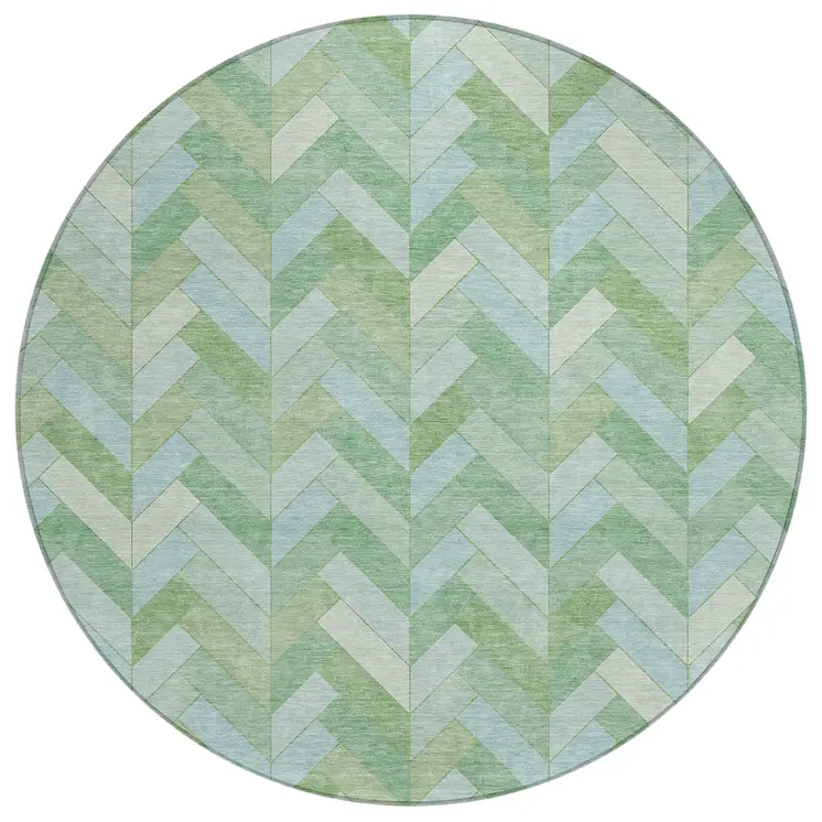 8' Green And Ivory Round Geometric Washable Indoor Outdoor Area Rug