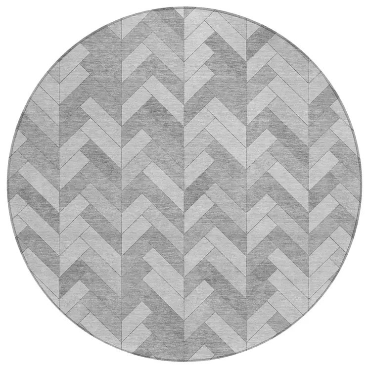 8' Silver And Gray Round Geometric Washable Indoor Outdoor Area Rug