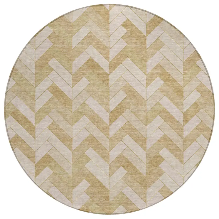8' Wheat And Beige Round Geometric Washable Indoor Outdoor Area Rug