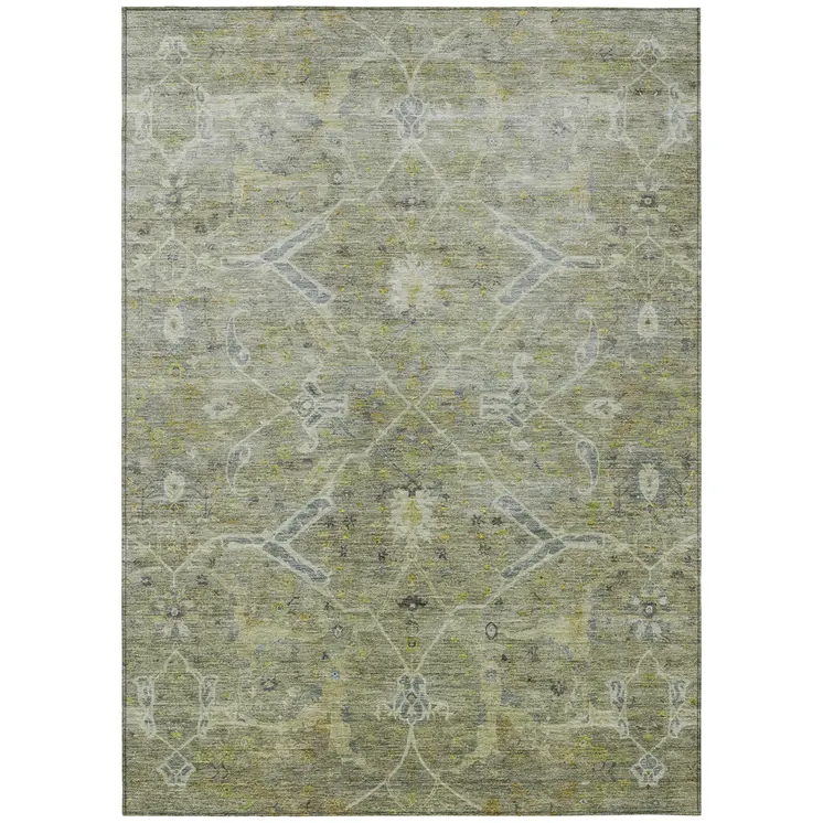 3' X 5' Artichoke Green And Gray Floral Washable Indoor Outdoor Area Rug