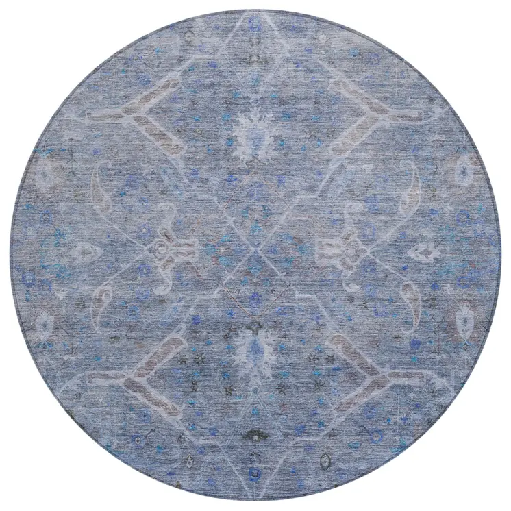8' Blue And Gray Round Floral Washable Indoor Outdoor Area Rug