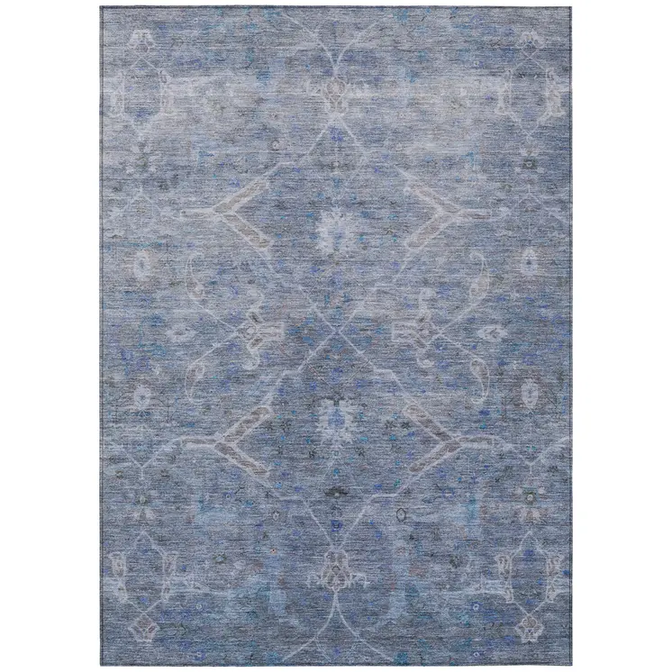 9' X 12' Blue And Gray Floral Washable Indoor Outdoor Area Rug