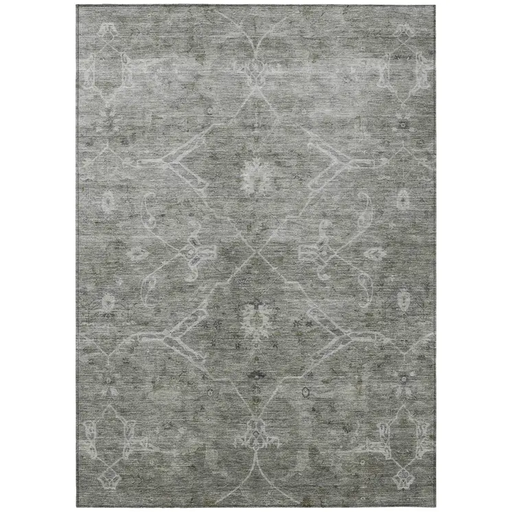 3' X 5' Pewter And Gray Floral Washable Indoor Outdoor Area Rug