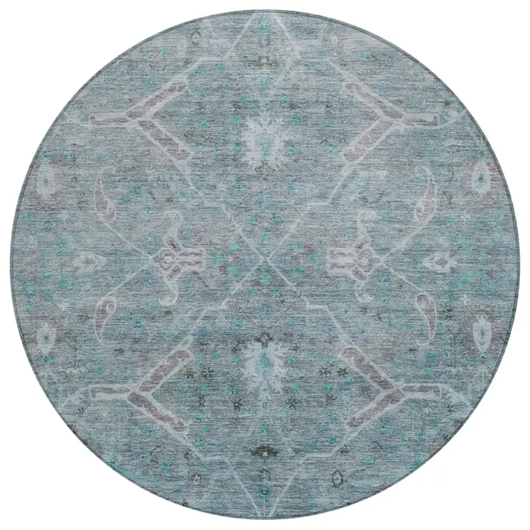 8' Teal Blue And Gray Round Floral Washable Indoor Outdoor Area Rug