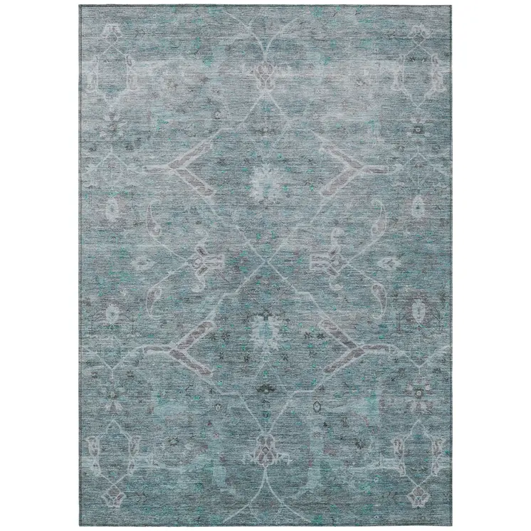 9' X 12' Teal Blue And Gray Floral Washable Indoor Outdoor Area Rug