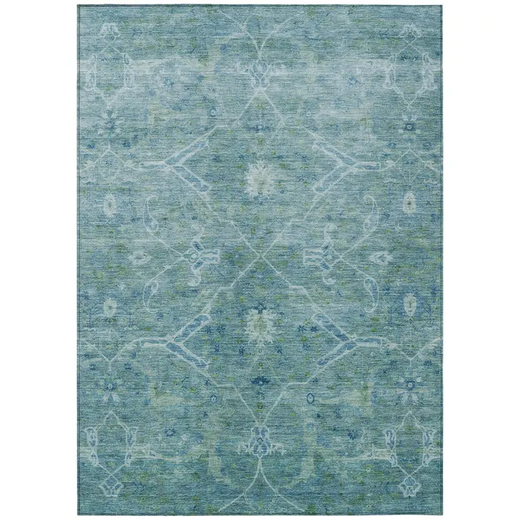 3' X 5' Turquoise And Ivory Floral Washable Indoor Outdoor Area Rug