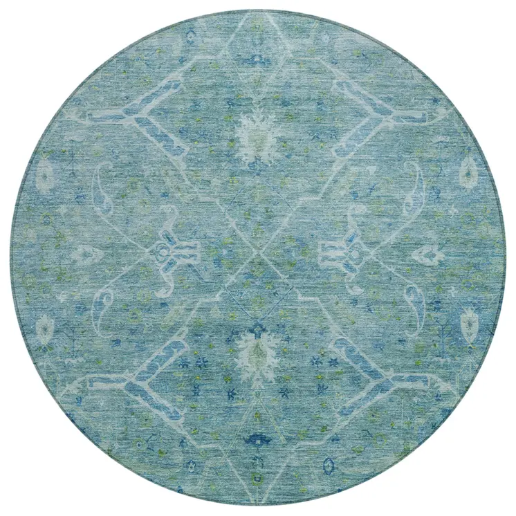 8' Turquoise And Ivory Round Floral Washable Indoor Outdoor Area Rug