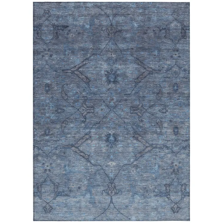 3' X 5' Blue And Gray Floral Washable Indoor Outdoor Area Rug