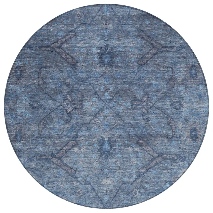 8' Blue And Gray Round Floral Washable Indoor Outdoor Area Rug