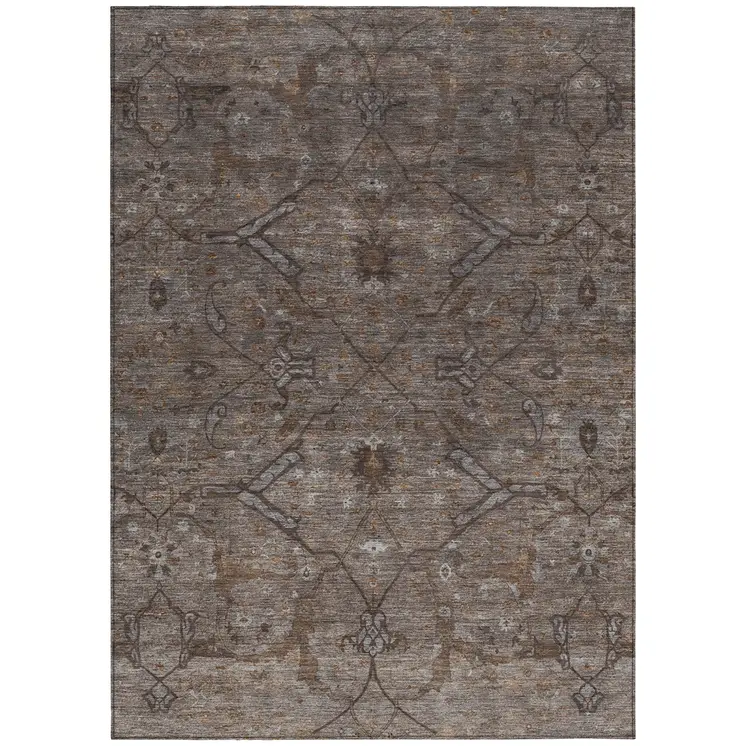 10' X 14' Brown And Taupe Floral Washable Indoor Outdoor Area Rug