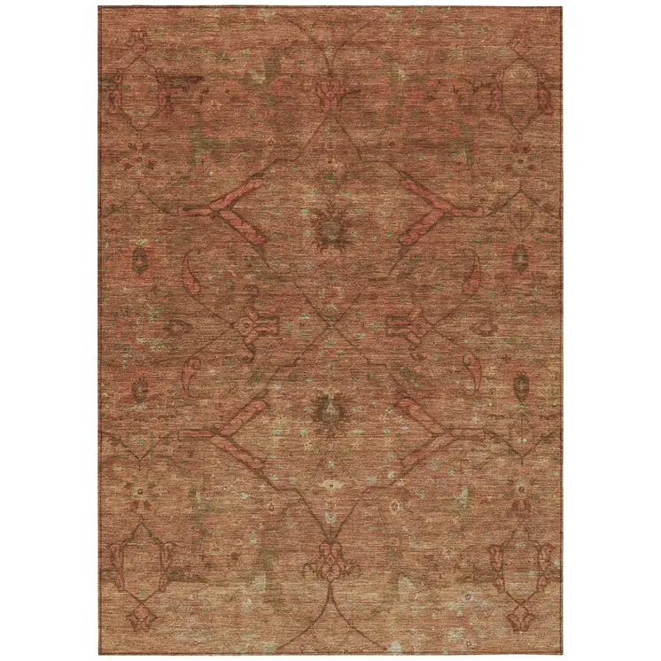 5' X 8' Terra Cotta And Taupe Floral Washable Indoor Outdoor Area Rug