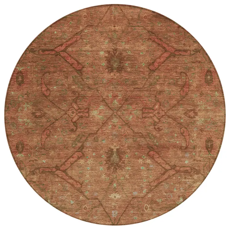 8' Terra Cotta And Taupe Round Floral Washable Indoor Outdoor Area Rug