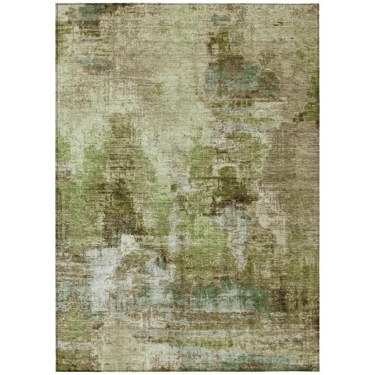 5' X 8' Artichoke Green And Beige Abstract Washable Indoor Outdoor Area Rug