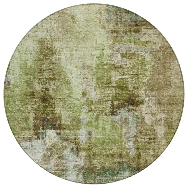8' Artichoke Green And Beige Round Abstract Washable Indoor Outdoor Area Rug