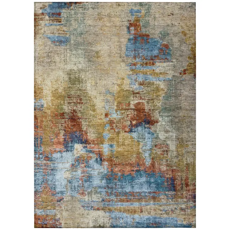 8' X 10' Beige Blue And Gold Abstract Washable Indoor Outdoor Area Rug