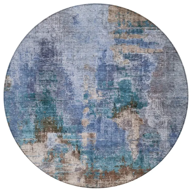 8' Blue Gray And Brown Round Abstract Washable Indoor Outdoor Area Rug