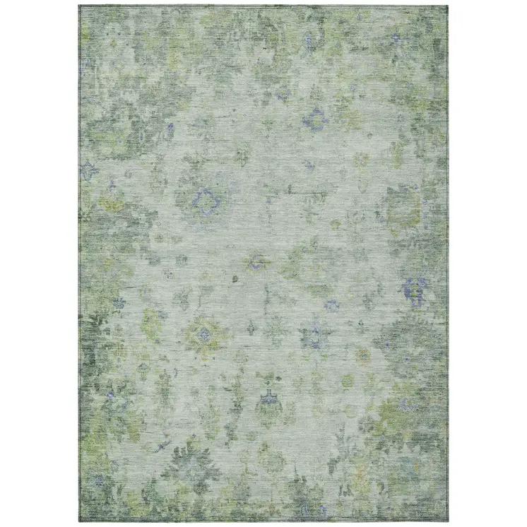 10' X 14' Artichoke Green And Blue Floral Washable Indoor Outdoor Area Rug