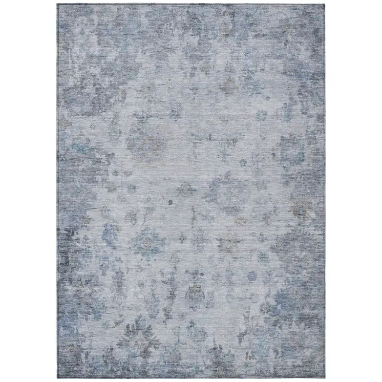 3' X 5' Blue And Gray Floral Washable Indoor Outdoor Area Rug