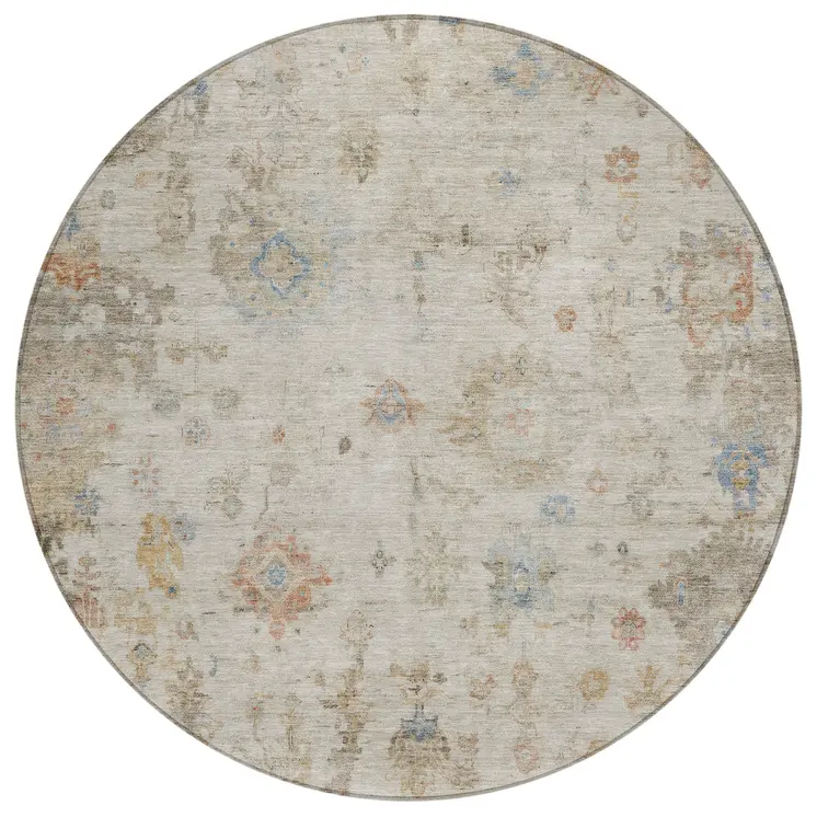8' Ivory Beige And Blue Round Floral Washable Indoor Outdoor Area Rug