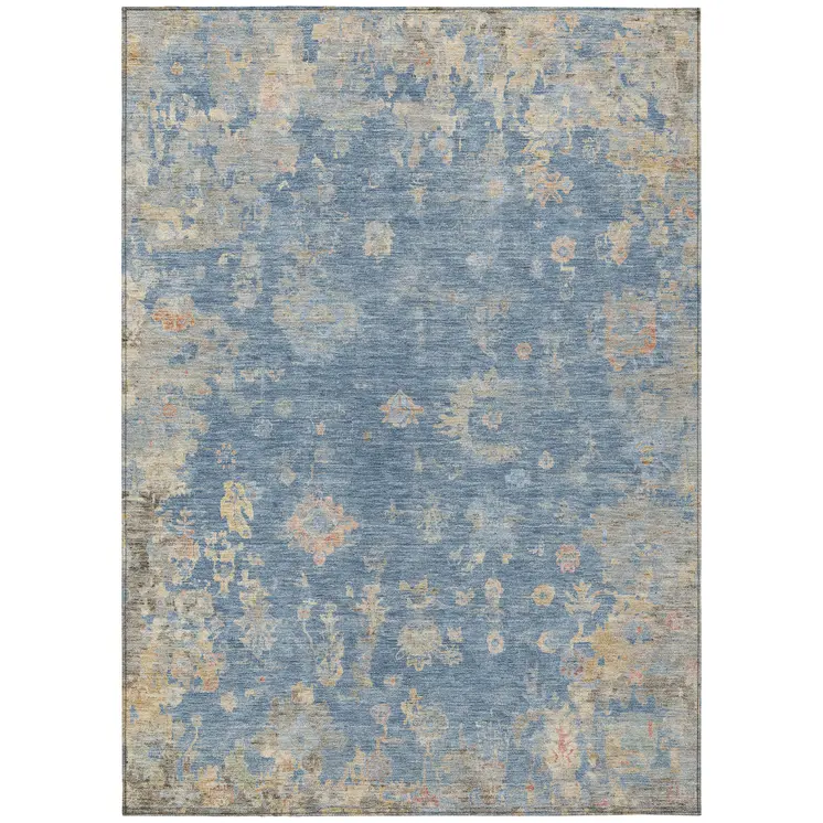 3' X 5' Blue And Gold Floral Washable Indoor Outdoor Area Rug