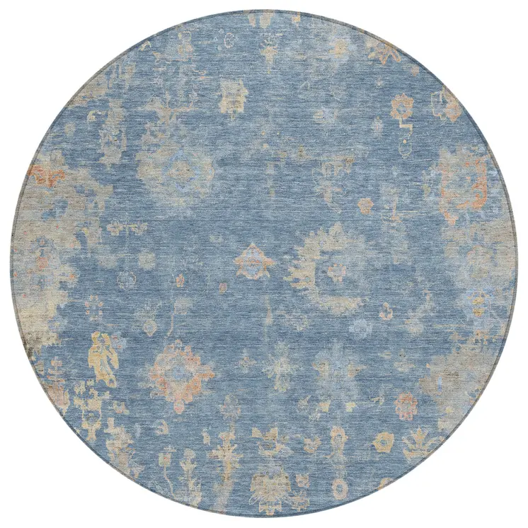 8' Blue And Gold Round Floral Washable Indoor Outdoor Area Rug