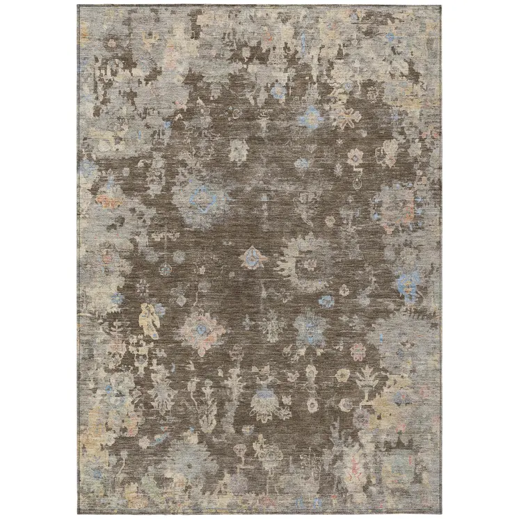 10' X 14' Chocolate And Beige Floral Washable Indoor Outdoor Area Rug