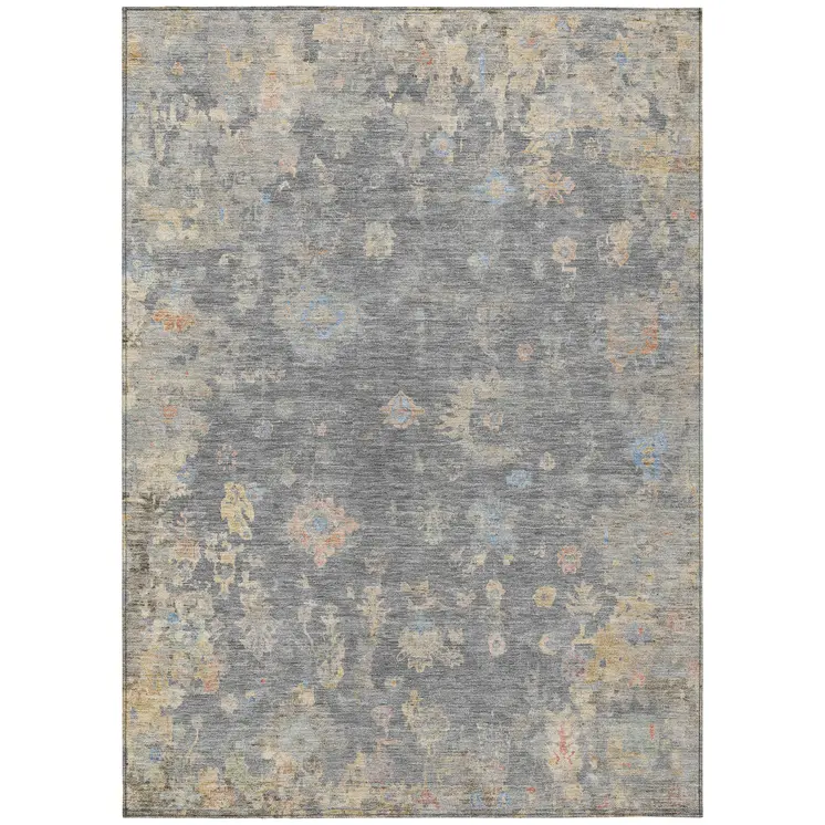 10' X 14' Gray And Beige Floral Washable Indoor Outdoor Area Rug