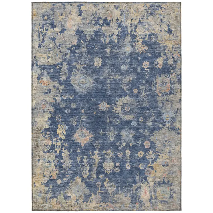 5' X 8' Navy Blue Gray And Beige Floral Washable Indoor Outdoor Area Rug
