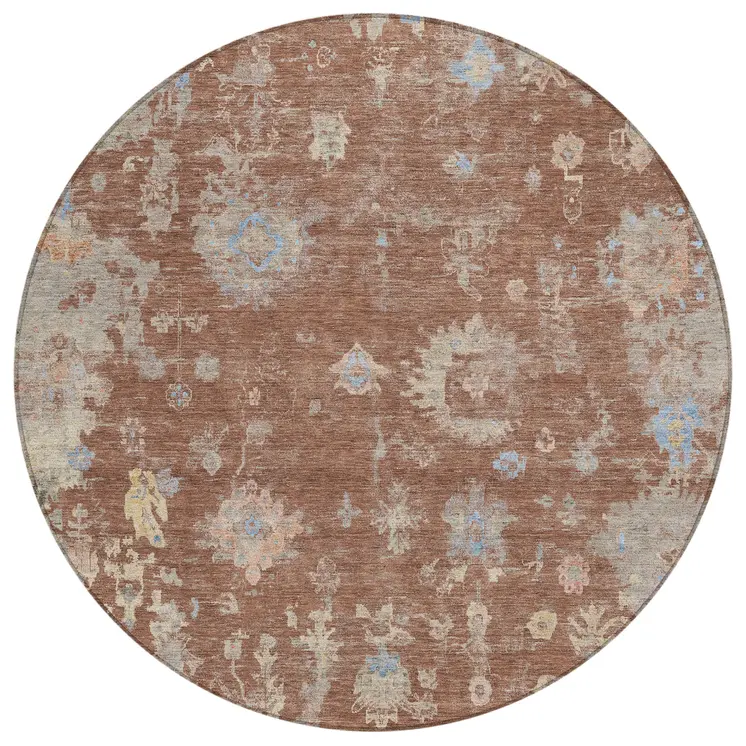 8' Chili Red And Beige Round Floral Washable Indoor Outdoor Area Rug
