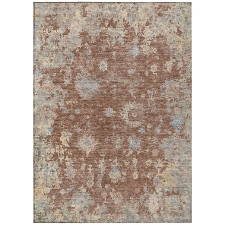 9' X 12' Chili Red And Beige Floral Washable Indoor Outdoor Area Rug