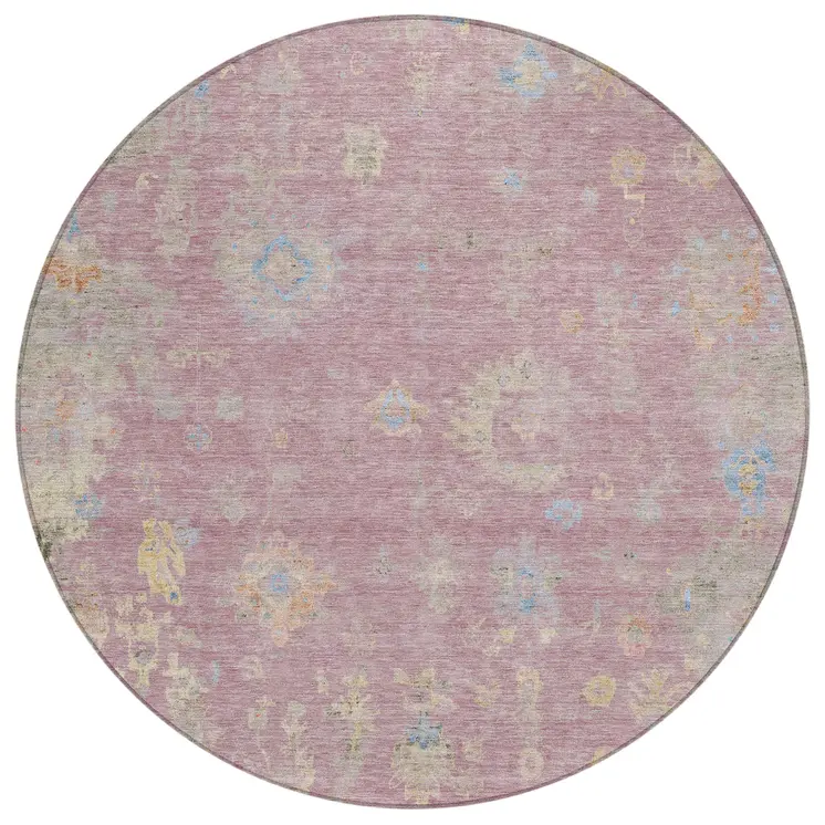 8' Pink Beige And Gray Round Floral Washable Indoor Outdoor Area Rug