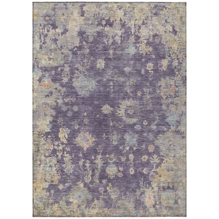 10' X 14' Plum Beige And Gray Floral Washable Indoor Outdoor Area Rug