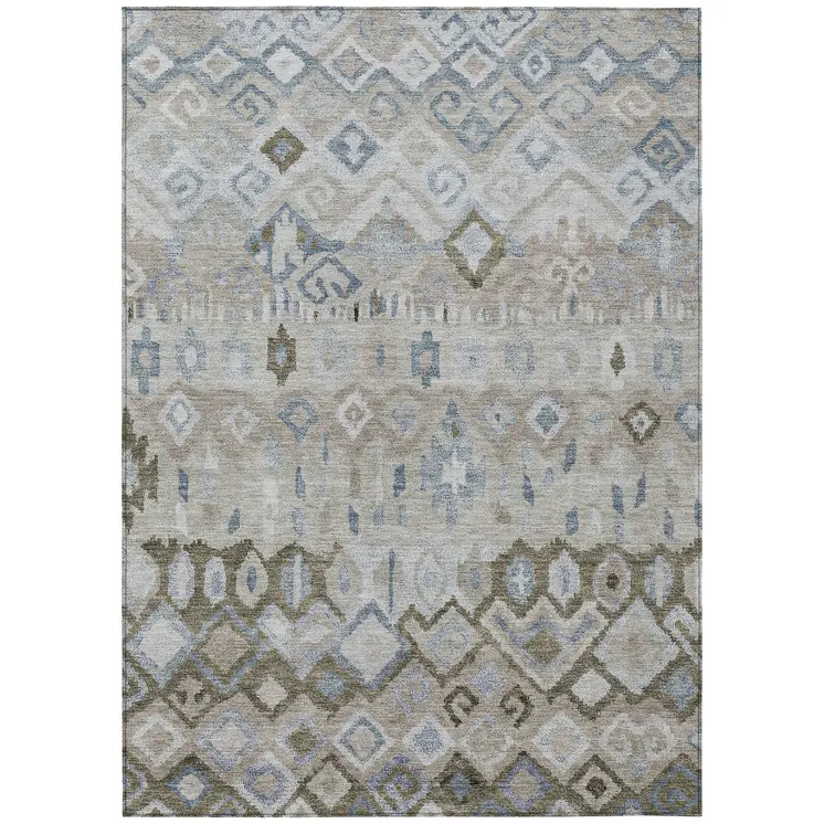 3' X 5' Beige Taupe And Blue Geometric Washable Indoor Outdoor Area Rug