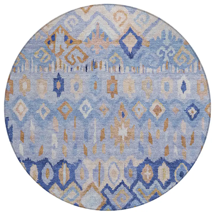 8' Blue And Taupe Round Geometric Washable Indoor Outdoor Area Rug