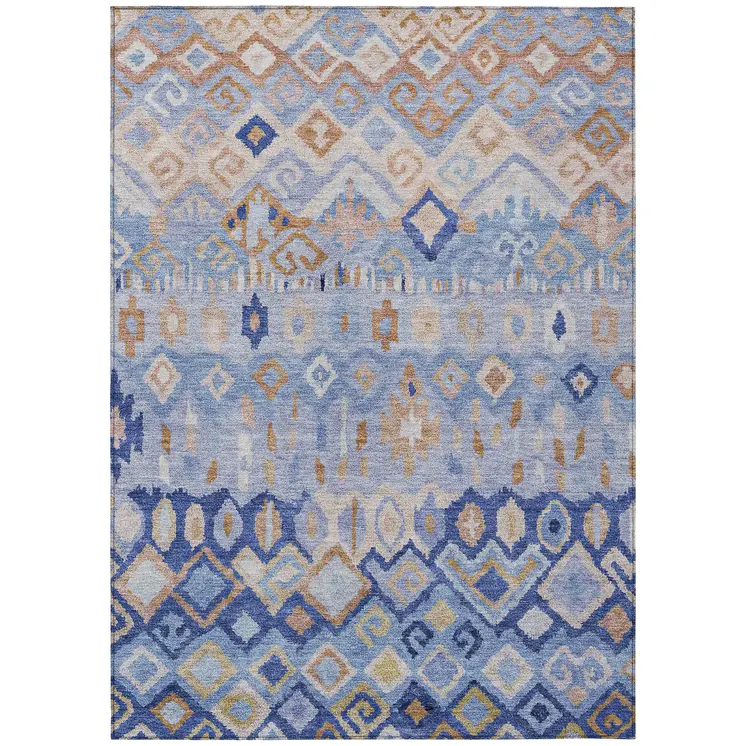 9' X 12' Blue And Taupe Geometric Washable Indoor Outdoor Area Rug