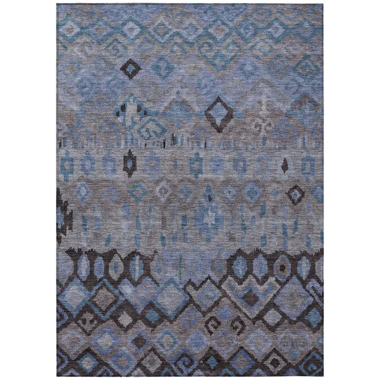 5' X 8' Brown Blue And Charcoal Geometric Washable Indoor Outdoor Area Rug