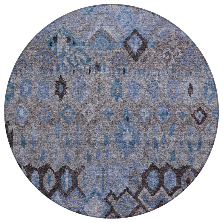 8' Brown Blue And Charcoal Round Geometric Washable Indoor Outdoor Area Rug