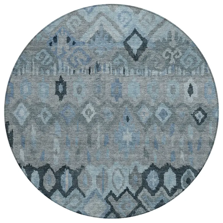 8' Gray And Charcoal Round Geometric Washable Indoor Outdoor Area Rug