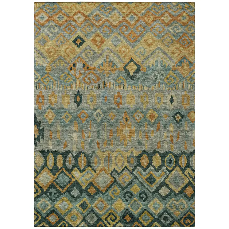 3' X 5' Green Gold And Copper Geometric Washable Indoor Outdoor Area Rug
