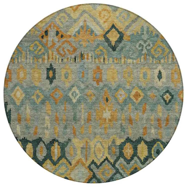 8' Green Gold And Copper Round Geometric Washable Indoor Outdoor Area Rug