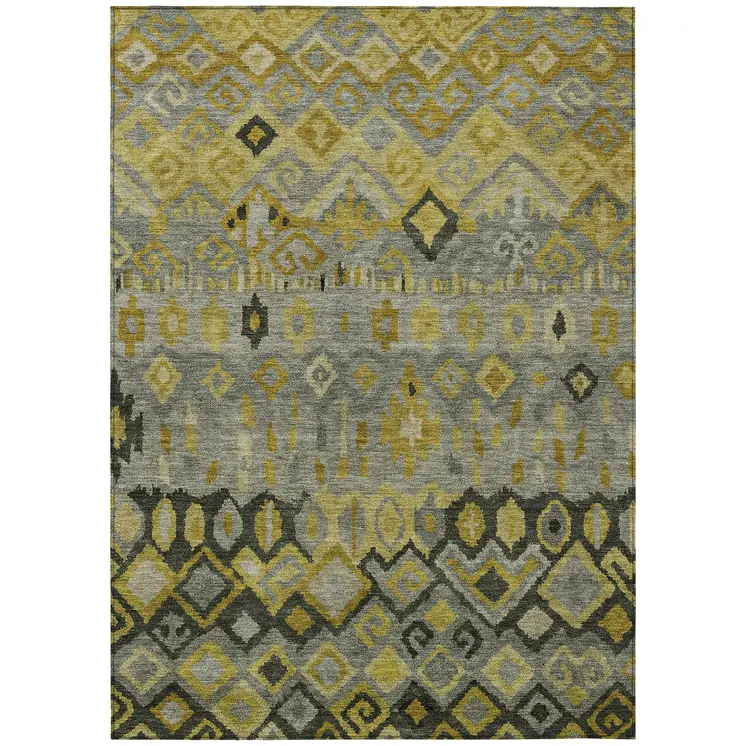 5' X 8' Pewter Gold And Charcoal Geometric Washable Indoor Outdoor Area Rug