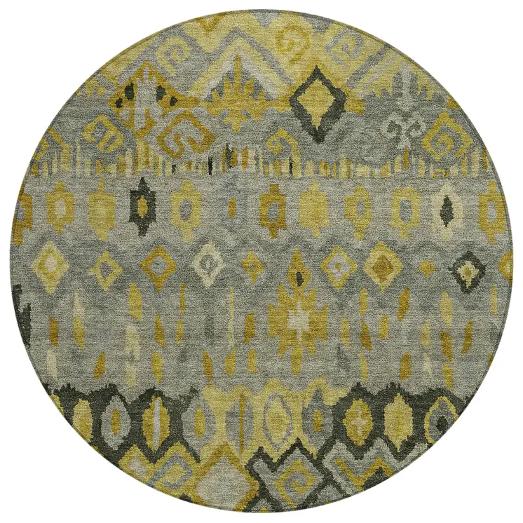 8' Pewter Gold And Charcoal Round Geometric Washable Indoor Outdoor Area Rug