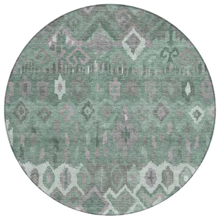 8' Artichoke Green Gray And Ivory Round Geometric Washable Indoor Outdoor Area Rug