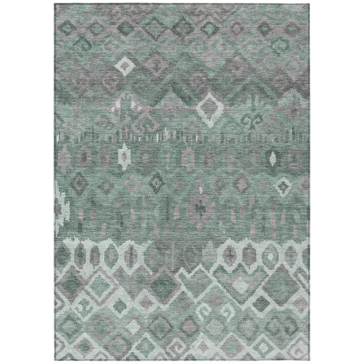 8' X 10' Artichoke Green Gray And Ivory Geometric Washable Indoor Outdoor Area Rug